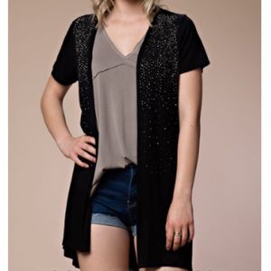 Short Sleeve Cardigan with All Over Rhinestones